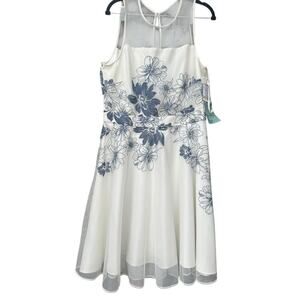 J Taylor white mesh embroidered blue flowers midi fit & flare dress. Size-12